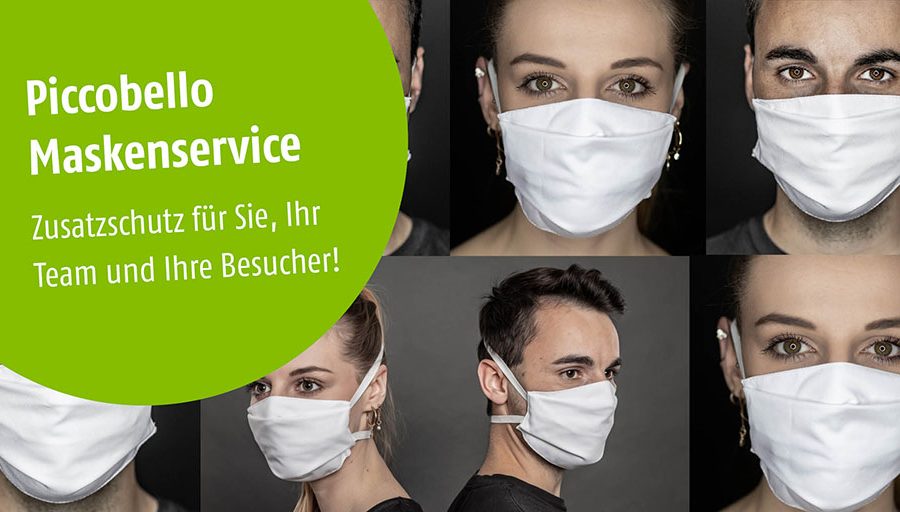 Mann und Frau tragen weiße Stoffmaske; Text: Piccobello Maskenservice - Zusatzschutz für Sie, Ihr Team und Ihre Besucher!
