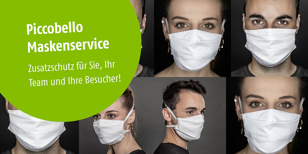 Mann und Frau tragen weiße Stoffmaske; Text: Piccobello Maskenservice - Zusatzschutz für Sie, Ihr Team und Ihre Besucher!