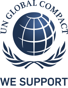 UN-Logo, darüber Text: UN GLOBAL COMPACT, darunter: WE SUPPORT