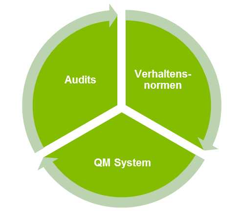 Dreigeteiltes, grünes Kuchendiagramm mit Pfeilen außen, die Kreislauf ergeben; Text oben links: "Audits", oben rechts: "Verhaltensnormen", unten: QM-System