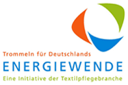 Energiewende-Logo; Text: Trommeln für Deutschlands Energiewende - Eine Initiative der Textilpflegebranche