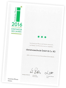 Innovator des Jahres 2016 brand eins Urkunde an diemietwaesche.de GmbH & Co. KG